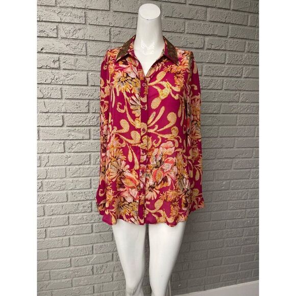 JM Collection Women Multicolored Long Sleeve Gold Sequin Collar Shirt Size 10 - Picture 1 of 9